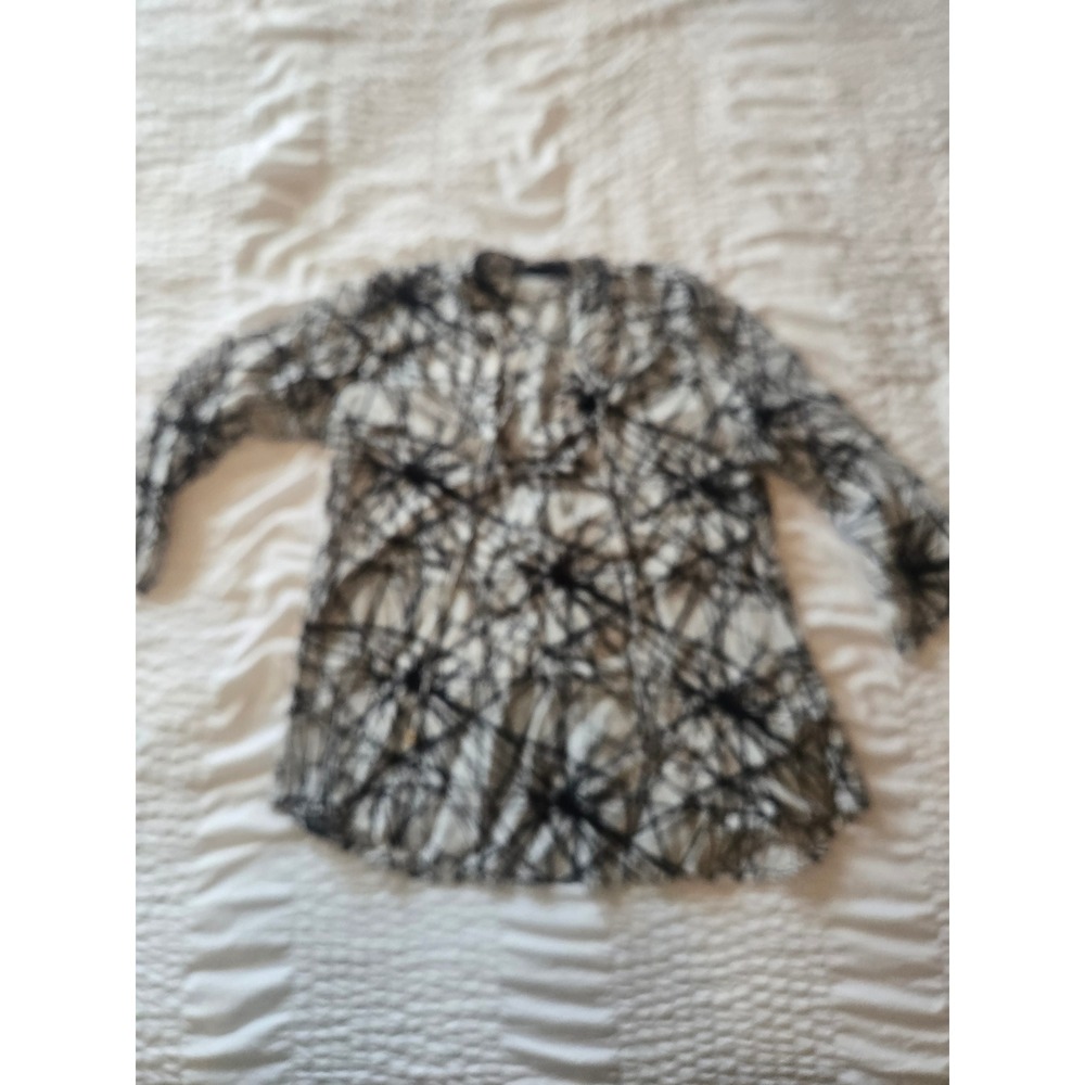 APNY Women Black White Abstract Geometric Print Tie Neck Blouse Small RN 158122